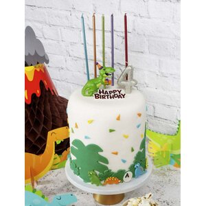 Kakunkoriste dinosaurus ja happy birthday -kyltti