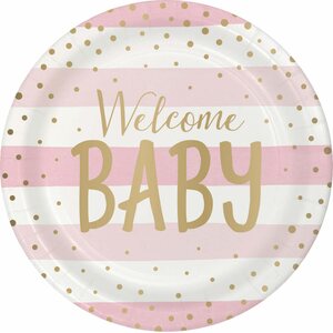 Pink and gold paper dinner plates welcome baby