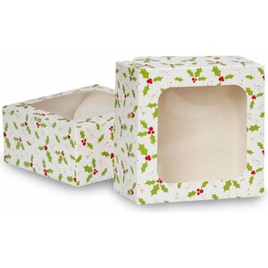Holly print square treat boxes with window