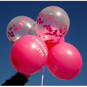 Balloons, 5 pack, pink, happy birthday and confetti
