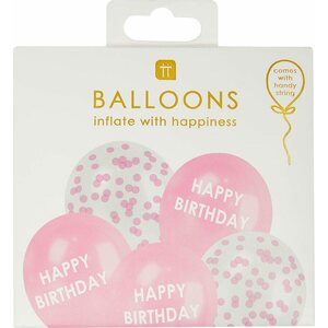 Balloons, 5 pack, pink, happy birthday and confetti