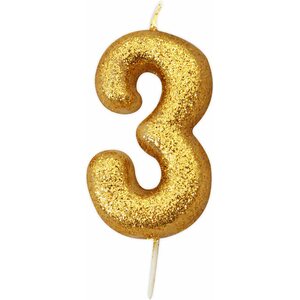 Age 3 Glitter Numeral Moulded Pick Candle Gold