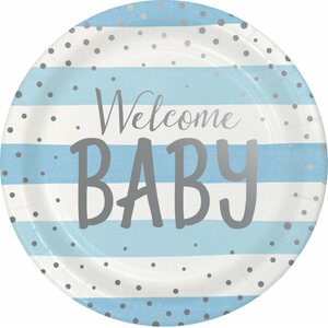Blue and Silver Paper Dinner Plates Welcome Baby Foil