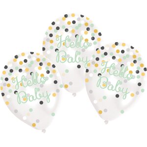 6 Latex Balloons Clear Confetti Filled Hello Baby 27.5 cm / 11"