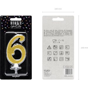 Birthday candle Number 6, gold, 10cm
