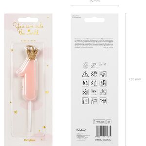 Birthday candle Number 1, light pink, 9.5cm