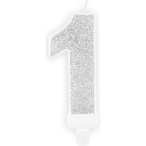 Birthday candle Number 1, silver, 7cm