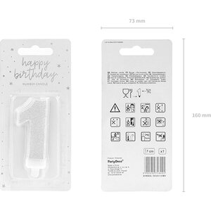 Birthday candle Number 1, silver, 7cm