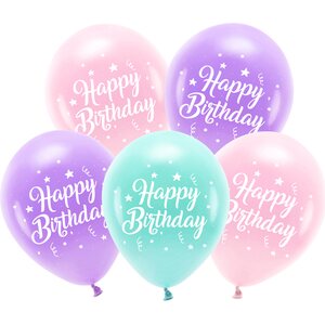 Eco Balloons 26 cm, Happy Birthday, pink 1pkt/5pc.