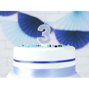 Birthday candle Number 3, silver, 7cm