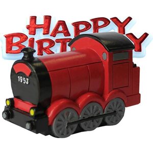 Kakunkoriste juna & punainen Happy Birthday kyltti muovia
