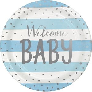 Welcome baby suuri pahvilautanen sini-hopea
