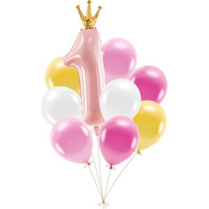 Balloon set First Birthday, pink: 1pkt/9pc.