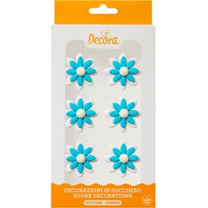 Decora 6  TWO TONE DAISIES LIGHT BLUE SUGAR DECORATIONS