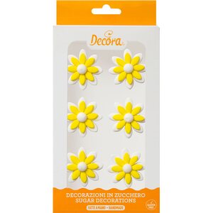 Decora 6  TWO TONE DAISIES YELLOW SUGAR DECORATIONS