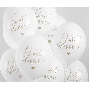 Ilmapallot 30 cm, Just Married, puhtaanvalkoinen 6 kpl/pkt