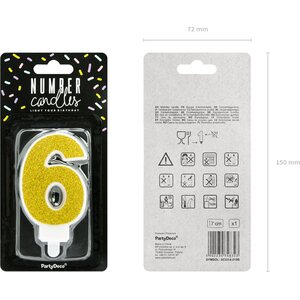 Birthday candle Number 6, gold, 7cm