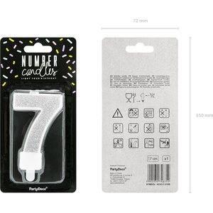Birthday candle Number 7, silver, 7cm
