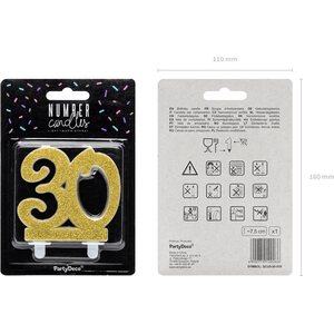 Birthday candle Number 30, gold, 7.5cm