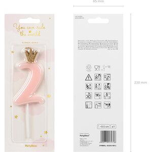 Birthday candle Number 2, light pink, 9.5cm