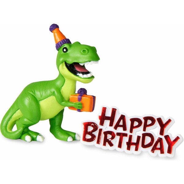 Kakunkoriste dinosaurus ja happy birthday -kyltti