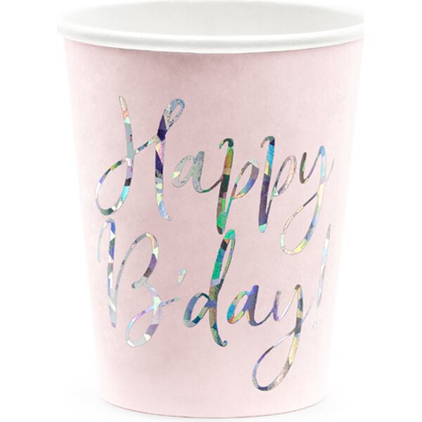 Cups Happy B'day!, light powder pink, 220ml 1pkt/6pc.