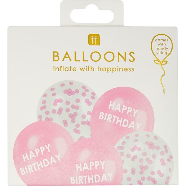 Ilmapallosetti pinkki 5 x 30 cm konfetti- ja happy birthday-pallot