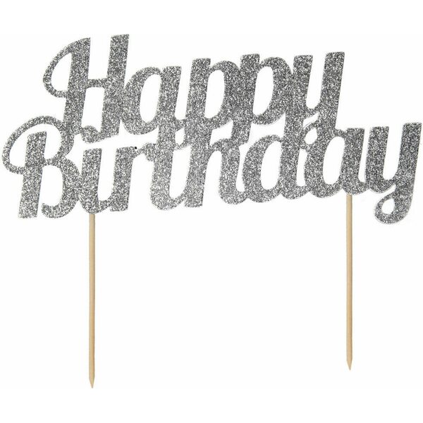 Glitter Happy Birthday Cake Topper Silver