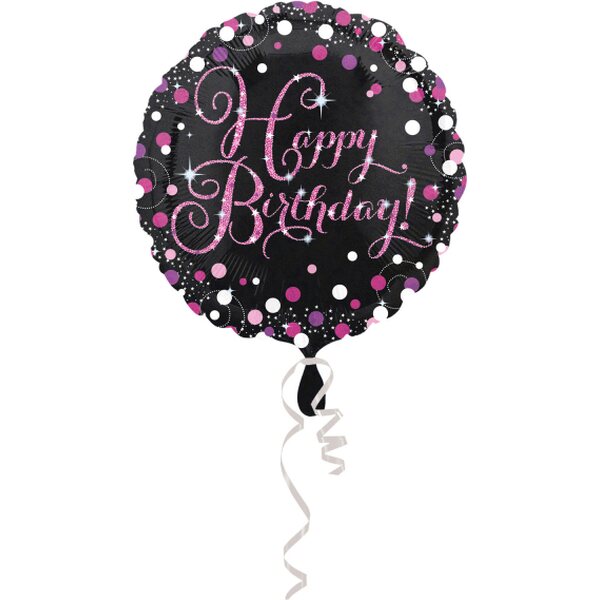 Happy Birthday pinkki-musta  tavallinen foliopallo 43 cm