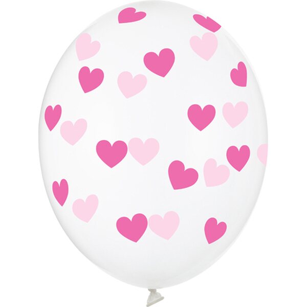 Balloons 30cm, Hearts, Crystal Clear 1pkt/6pc.