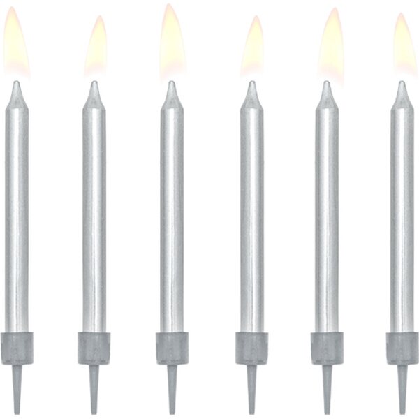 Birthday candles, plain, silver, 6cm  1pkt/6pc.