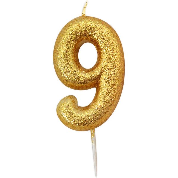 Age 9 Glitter Numeral Moulded Pick Candle Gold