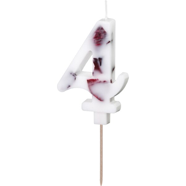 Birthday Candle Number '4', White with Flower Petals, 8 cm