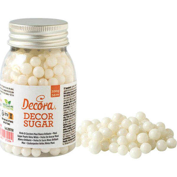 Decora 100 G MAXI SUGAR PEARLS SHINY WHITE 7 MM