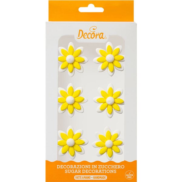 Decora 6  TWO TONE DAISIES YELLOW SUGAR DECORATIONS