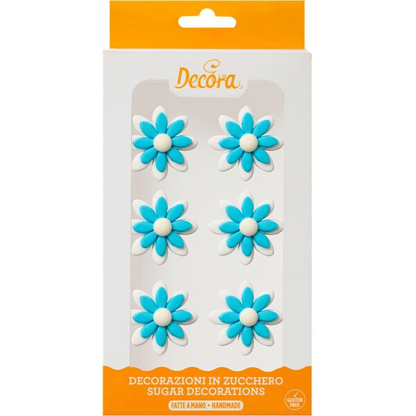 Decora 6  TWO TONE DAISIES LIGHT BLUE SUGAR DECORATIONS