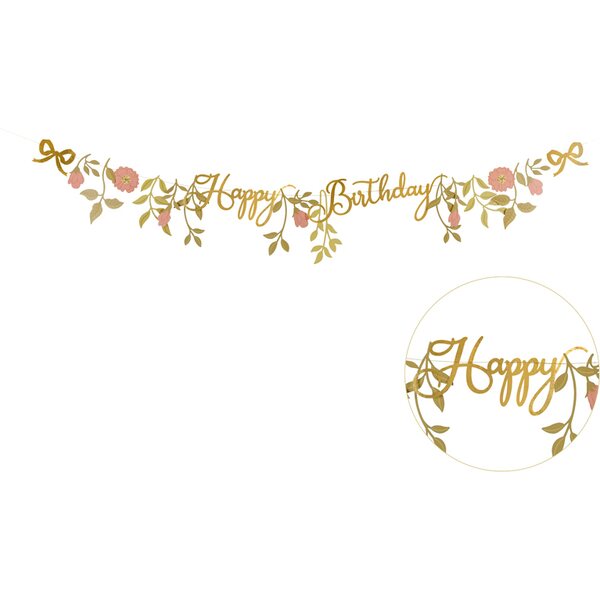 Banner Happy Birthday Flowers, pink-gold, 1.3m